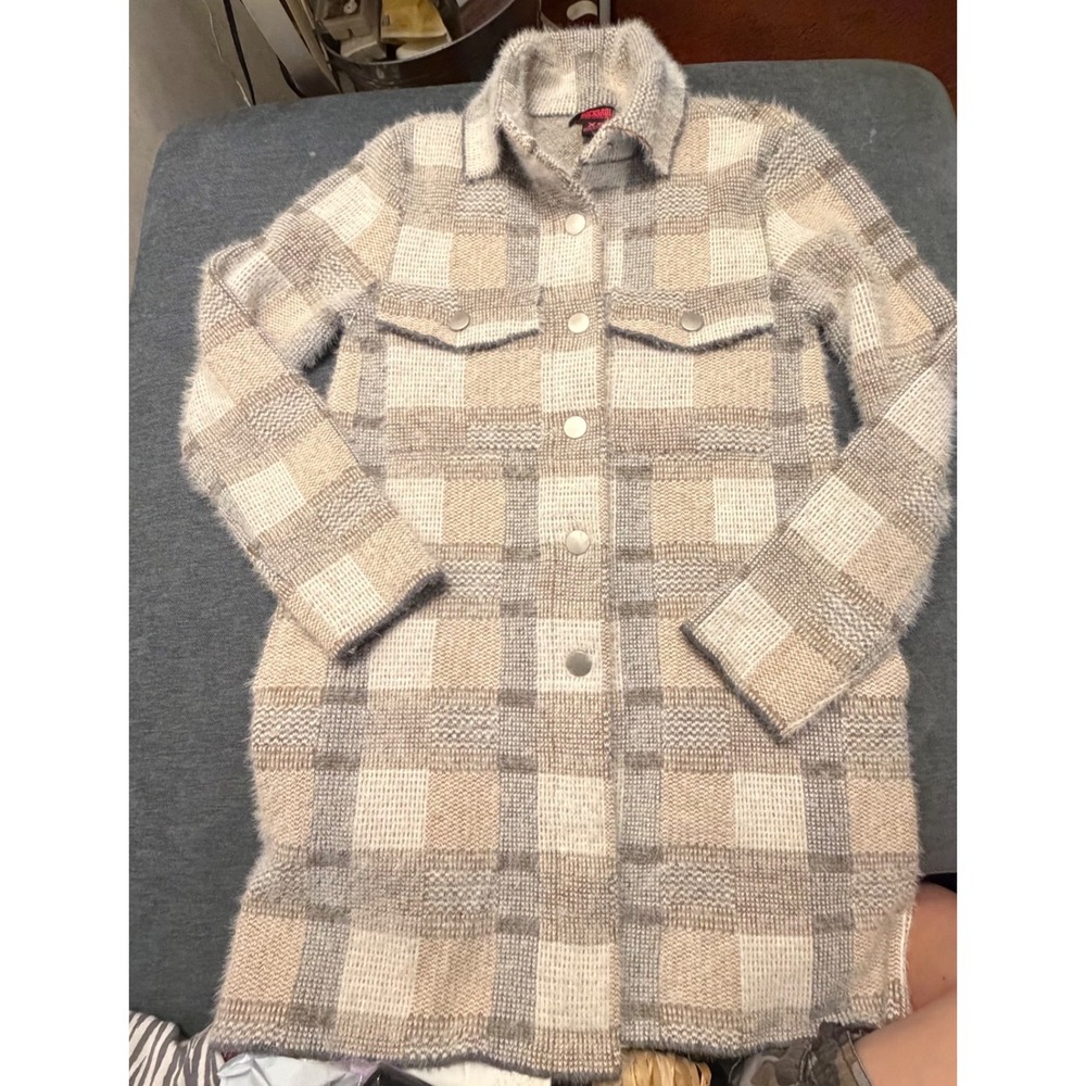 Rock & Roll Denim Womens Fuzzy‎ Plaid Shacket Long Knit Coat Tan Grey XS 52-2389